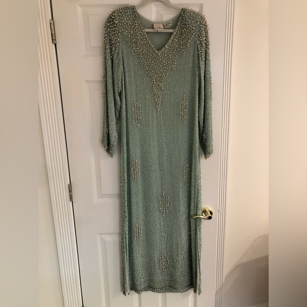 Vintage Dominique Mint Silk Beaded Evening Dress Sz S